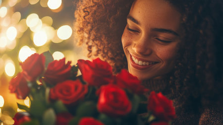 Young woman joyfully admires a bouquet of red roses in a cozy, softly lit environmentの素材