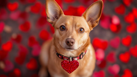 Beloved dog surrounded by heart decorations showcases love and affectionの素材