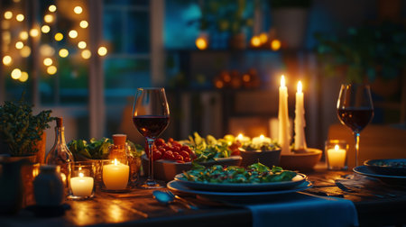 Romantic candlelit dinner setting with delicious food and elegant decor for twoの素材