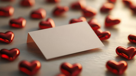 Blank card surrounded by shiny red hearts on a surface for expressive occasionsの素材