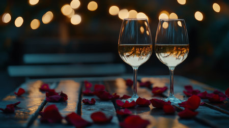 Romantic evening with wine glasses and rose petals under warm lightsの素材