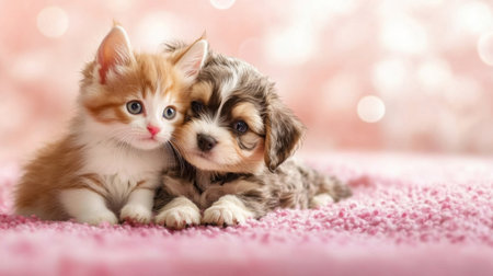 Cute kitten and puppy cuddling on soft pink surface in a cozy settingの素材