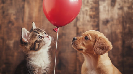 Cute kitten and puppy curiously gaze at a bright red balloon in a cozy indoor settingの素材