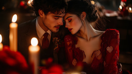 Romantic couple sharing an intimate moment in a candlelit setting with soft red accentsの素材