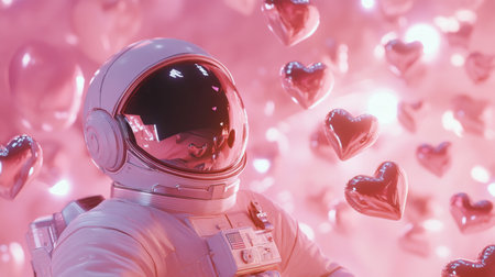 Astronaut floating among glowing hearts in dreamy pink background during a surreal momentの素材