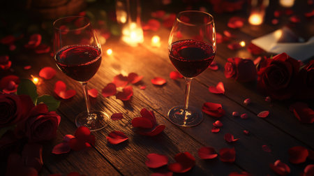 Romantic evening with red wine and rose petals on a wooden tableの素材
