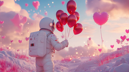 Astronaut holding balloons in a whimsical landscape filled with hearts during sunsetの素材