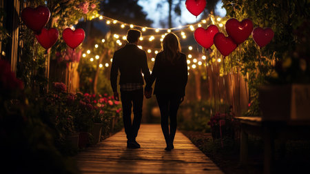 Romantic evening stroll under fairy lights and heart balloons in a cozy garden settingの素材