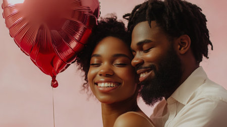 Couple joyfully celebrating love with a heart-shaped balloon in a cozy settingの素材