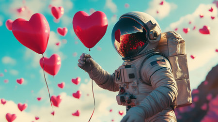 Astronaut holding heart balloons in a colorful outer space settingの素材