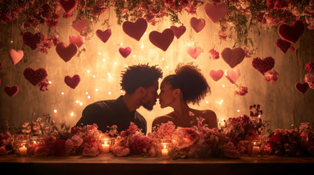 Couple sharing a romantic moment surrounded by heart decorations and flowersの素材