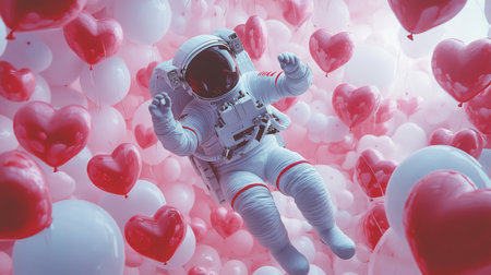 Astronaut floating among pink and red heart-shaped balloons in a whimsical space settingの素材