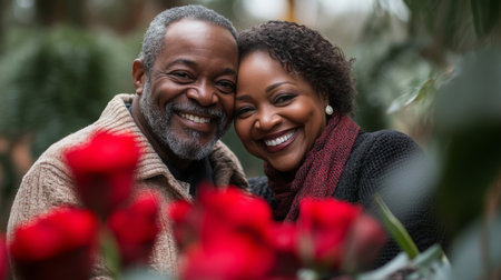 Couple smiling joyfully among roses in a serene garden setting during early springの素材