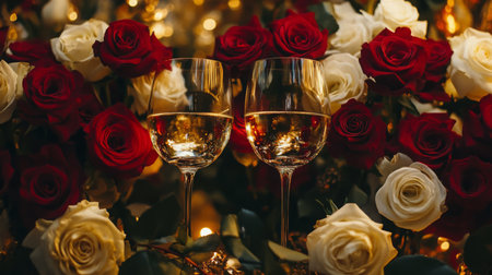 Romantic setting with red and white roses along with wine glasses for special celebrationの素材