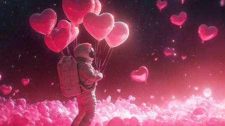 Astronaut holding heart-shaped balloons in a dreamy pink space landscapeの素材