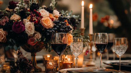 Elegant dinner table set for romantic gathering with rich floral arrangements and candlesの素材
