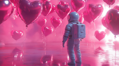 Astronaut explores a dreamlike world filled with glowing heart-shaped balloonsの素材