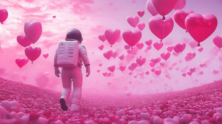 Exploration of love in a surreal landscape filled with heart-shaped balloonsの素材
