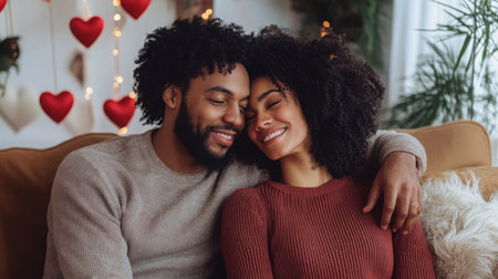 Couple enjoying a cozy moment together while celebrating love in a decorated roomの素材