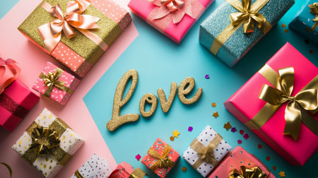Colorful gift boxes arranged beautifully with love decoration for celebrationの素材