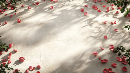 Romantic setting with rose petals on a light surface surrounded by green leavesの素材