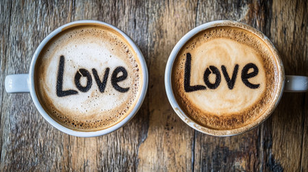 Coffee cups with love written in foam on wooden table during a cozy afternoonの素材