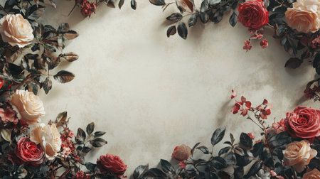 Beautiful arrangement of roses and foliage framing a blank space for creative useの素材