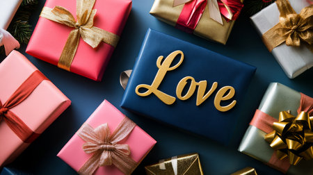 Colorful wrapped gifts with a focus on a blue box labeled love during holiday celebrationsの素材