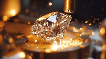 Polishing a diamond gem in a workshop with sparks flying in the backgroundの素材