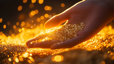 Hand holding shimmering golden gemstones in warm sunlight during an outdoor activityの素材