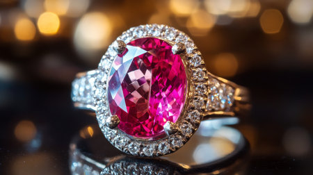 Stunning gemstone ring with a vibrant pink sapphire surrounded by sparkling diamondsの素材