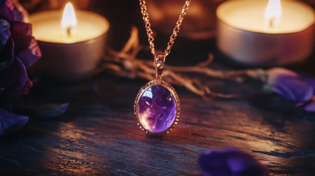 Elegant purple gemstone pendant surrounded by candles and rose petals in a serene settingの素材