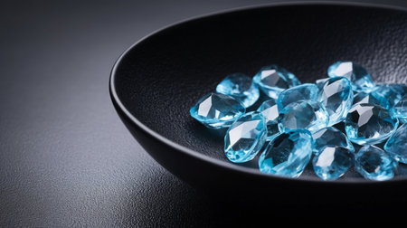 Sparkling blue gemstones arranged elegantly in a black bowl on a dark surfaceの素材