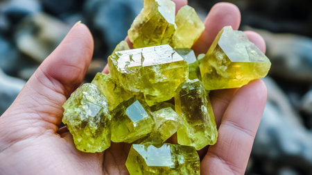 Collection of vibrant yellow gemstones held in a hand under natural lightingの素材