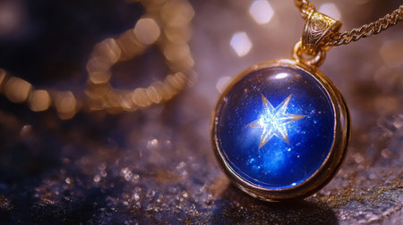 Glistening blue gemstone pendant with intricate design and luminous star patternの素材