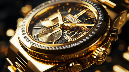 Luxurious golden watch with intricate details and gemstone accents in a stunning designの素材