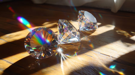 Colorful reflections of gemstones on a wooden floor in bright sunlightの素材