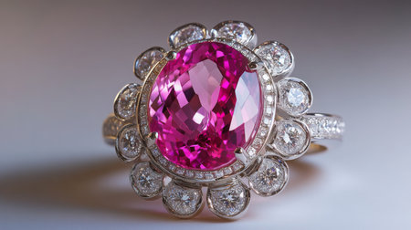 Unique gemstone ring featuring a vibrant pink center stone surrounded by diamondsの素材