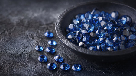 Exploring the beauty of blue gemstones in a textured bowl on a dark surfaceの素材