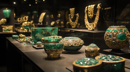 Exploring a collection of exquisite jade and gold artifacts in a museum displayの素材