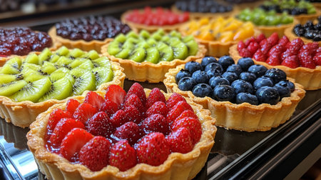 Colorful array of fruit tarts showcased in a bakery display case in the afternoon sunlight. Generative AIの素材