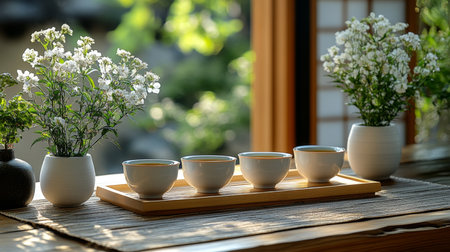Tea cups arranged beautifully on a wooden tray next to fresh flowers in a serene indoor setting during daylight. Generative AIの素材
