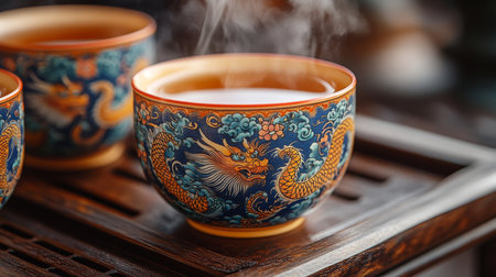 Traditional Chinese tea with dragon motifs in ornate cups on a wooden tray during a serene afternoon. Generative AIの素材