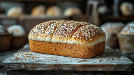 Freshly baked loaf of bread with sesame seeds displayed on a wooden board in a rustic bakery setting. Generative AIの素材