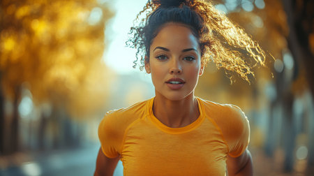 Young woman in yellow shirt running outdoors during autumn afternoon with vibrant foliage in the background. Generative AIの素材