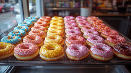 Colorful assortment of freshly made donuts displayed in a bakery on a vibrant afternoon. Generative AIの素材