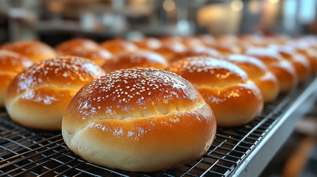 Freshly baked bread rolls cooling on a rack in a warm bakery setting with golden crusts and sesame seeds. Generative AIの素材
