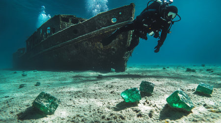 Diver exploring sunken shipwreck near vibrant green gemstones underwaterの素材