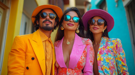 Brightly dressed friends pose together in vibrant attire against colorful background in a lively street setting. Generative AIの素材