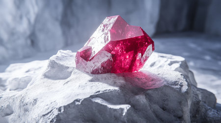 Sparkling crimson gemstone resting on a rocky surface in a mystical settingの素材